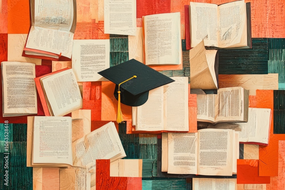 Obraz premium Graduation Cap and Open Books Collage Background