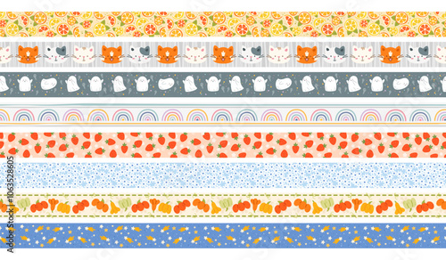 Cute washi tape seamless borders. Paper scrapbooking sticky elements. Decorative patterned scotch ribbons. Diaries and notebooks embellishment. Stationery plaster. Recent vector set