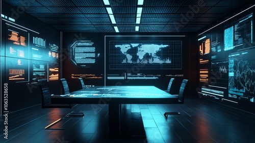 Futuristic control room with advanced technology and data screens.