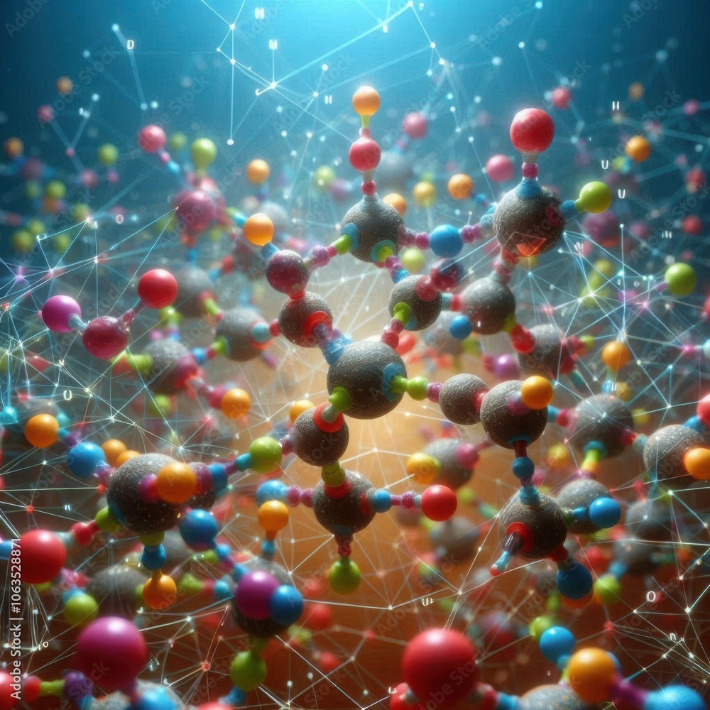 Abstract representation of molecular structures with colorful atoms and intricate connections in a scientific setting Abstract representation of molecular structures with colorful atoms and intricate connections in a scientific setting