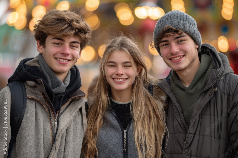 Three friends are smiling at an amusement park, surrounded by colorful lights. They appear joyful and relaxed, enjoying their time together. Three friends are smiling at an amusement park, surrounded by colorful lights. They appear joyful and relaxed, enjoying their time together.