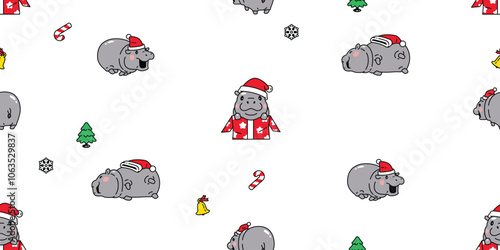 pygmy hippo seamless pattern christmas santa claus hat gift box Baby Hippo vector hippopotamuses running sleeping zoo pet animal cartoon character doodle tile background gift wrapping paper repeat wal