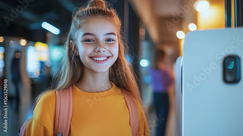 A young voter enthusiastically stepping into a private polling booth, with a bright smile and a sense of pride, symbolizing the excitement of participating in the democratic proces photo