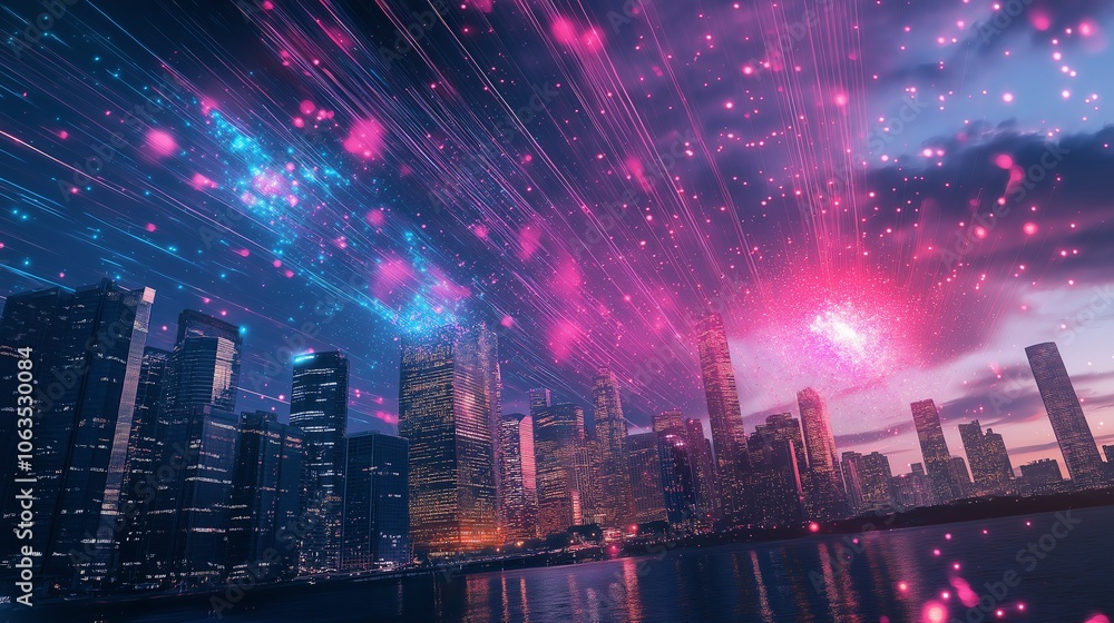 Obraz premium Vibrant city skyline with colorful light trails and dramatic sky.