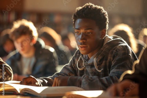 A diverse group of young people sit at a table reading, surrounded by soft natural light. The atmosphere is focused and serene.