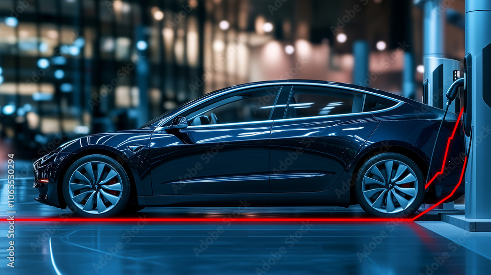 Naklejka premium A glossy electric car plugged into a charging station, with a red downward trend line slashing through the image, symbolizing falling sales, on a simple dark blue background.