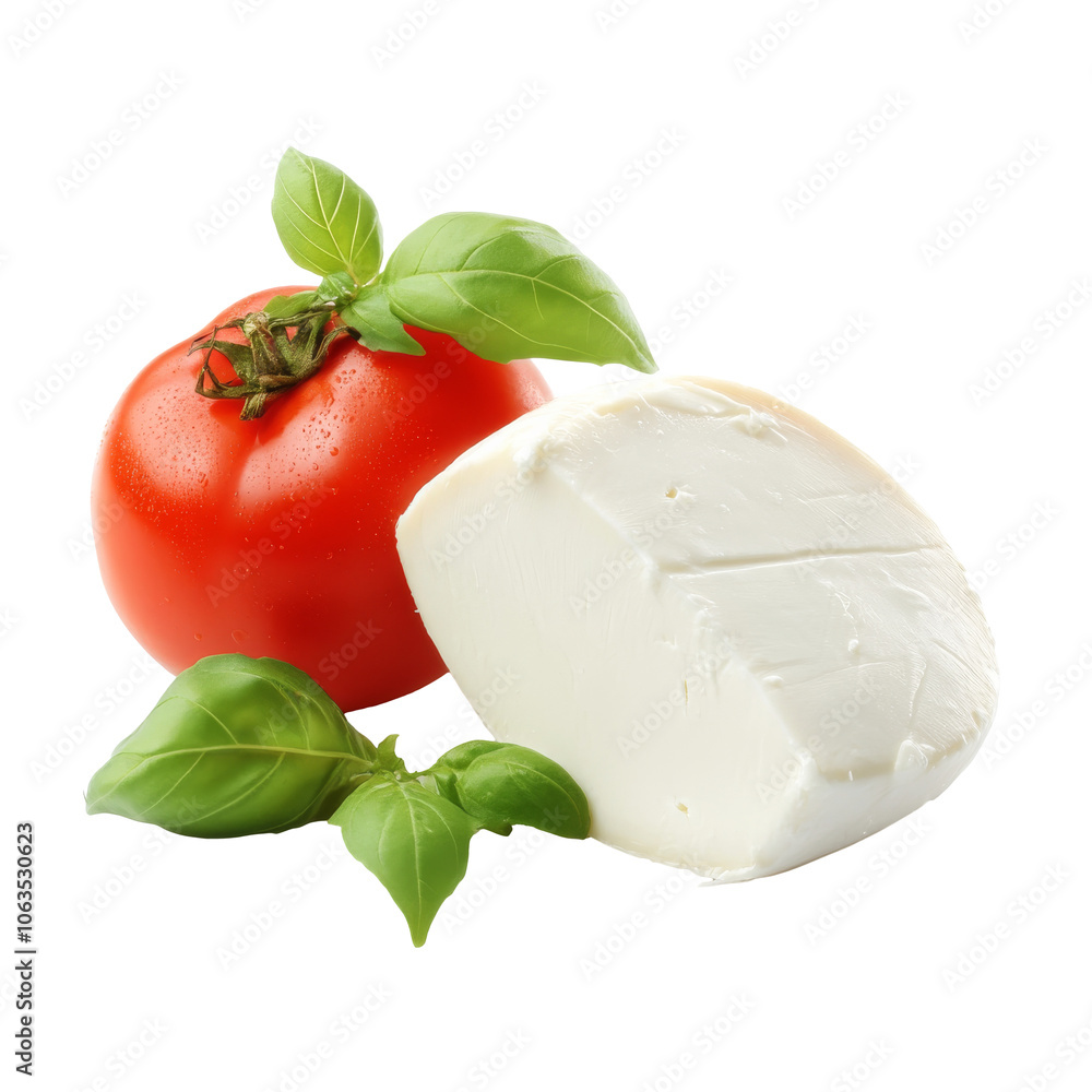Fresh mozzarella and ripe tomato with basil leaves isolated transparent Fresh mozzarella and ripe tomato with basil leaves isolated transparent