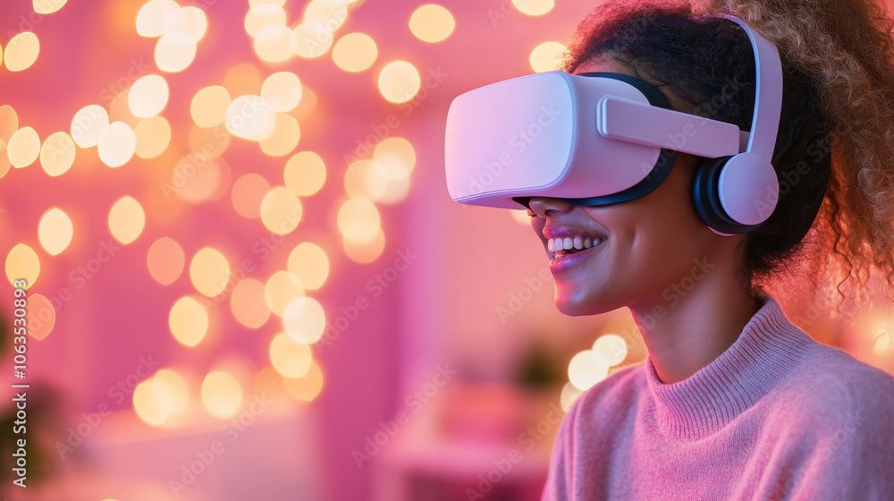 Immersed in virtual world, woman enjoys her VR experience with smile, surrounded by soft, glowing lights that create warm atmosphere Immersed in virtual world, woman enjoys her VR experience with smile, surrounded by soft, glowing lights that create warm atmosphere