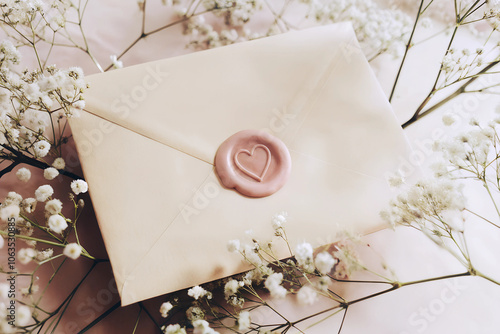 Romantic letter seal on envelope with blush pink wax, surrounded by delicate flowers for a dreamy touch