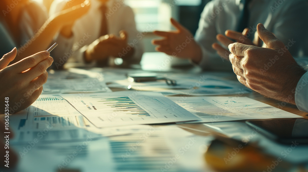 Business meeting with hands gesturing over financial reports and charts, showcasing collaboration and discussion. atmosphere is focused and professional, highlighting teamwork and analysis Business meeting with hands gesturing over financial reports and charts, showcasing collaboration and discussion. atmosphere is focused and professional, highlighting teamwork and analysis