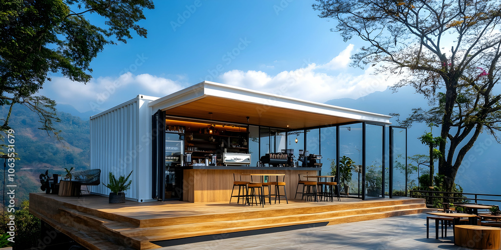 White stucco container coffee shop with open-air terrace offering a panoramic mountain view. 4k high quality image White stucco container coffee shop with open-air terrace offering a panoramic mountain view. 4k high quality image