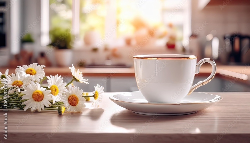 porcelain cup on saucer with tea on kitchen table and bouquet of wild daisies nearby lies on table. chamomile in tea. bright space