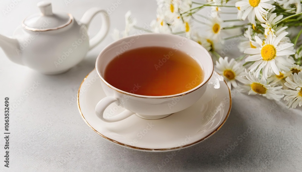 porcelain cup on saucer with tea on kitchen table and bouquet of wild daisies nearby lies on table. chamomile in tea. bright space porcelain cup on saucer with tea on kitchen table and bouquet of wild daisies nearby lies on table. chamomile in tea. bright space