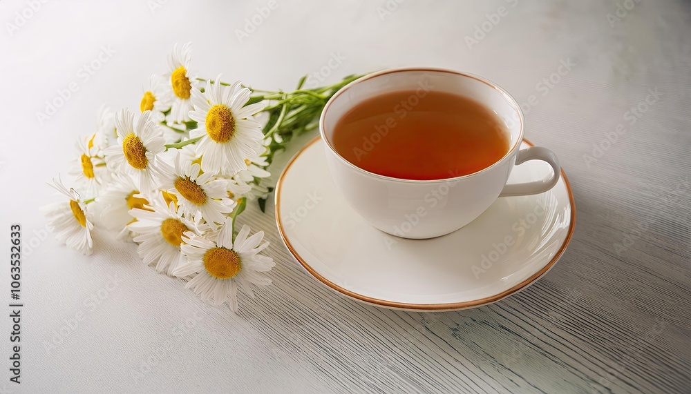 porcelain cup on saucer with tea on kitchen table and bouquet of wild daisies nearby lies on table. chamomile in tea. bright space porcelain cup on saucer with tea on kitchen table and bouquet of wild daisies nearby lies on table. chamomile in tea. bright space