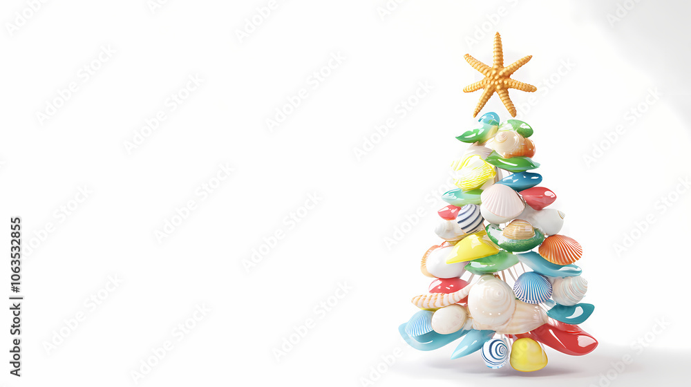 3D animated christmas ornament featuring seashells and sea creatures with a starfish on top, made from beach elements 3D animated christmas ornament featuring seashells and sea creatures with a starfish on top, made from beach elements