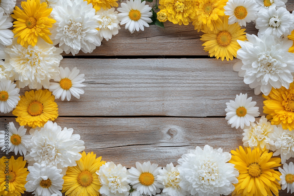 Obraz premium A old wooden plank background with a variety of yellow and white flowers, including daisies on the sides.