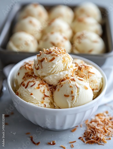 Coconut Ice Cream Scoops Topped With Flakes