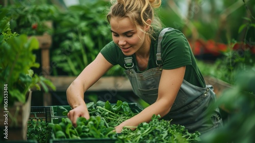 Wallpaper Mural A female farmer arranges freshly picked vegetables in a greenhouse, surrounded by lush greenery. She appears focused and content, wearing overalls and a green shirt. Torontodigital.ca