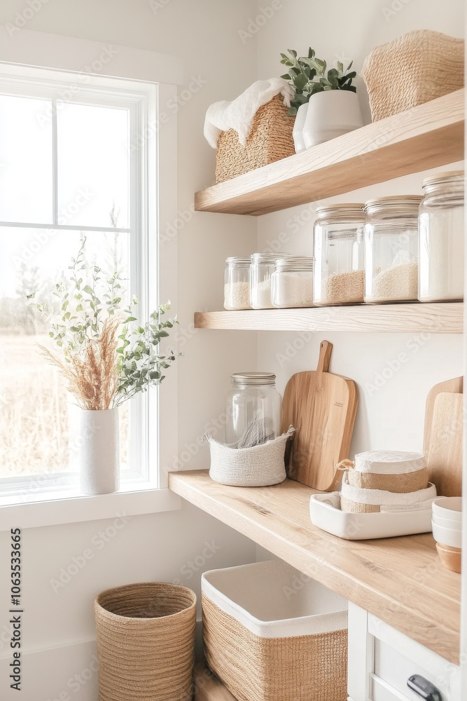 A cozy kitchen shelf displays neatly organized jars and natural decor, creating warm and inviting atmosphere. soft light from window enhances serene ambiance A cozy kitchen shelf displays neatly organized jars and natural decor, creating warm and inviting atmosphere. soft light from window enhances serene ambiance