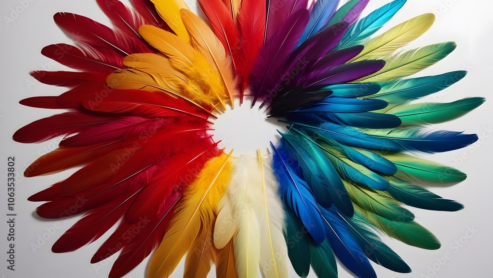 A collection of colorful feathers arranged in a circular pattern A collection of colorful feathers arranged in a circular pattern