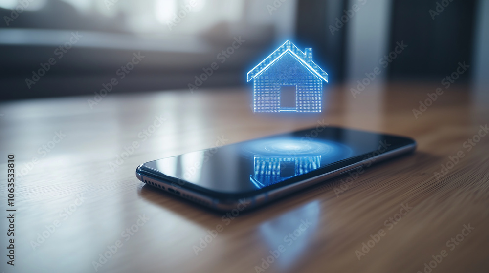 A futuristic, semi-transparent blue house-shaped icon levitates above a smartphone positioned on a natural wooden surface, creating an eye-catching 3D effect that represents the mo A futuristic, semi-transparent blue house-shaped icon levitates above a smartphone positioned on a natural wooden surface, creating an eye-catching 3D effect that represents the mo