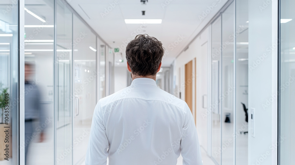 Fototapeta premium A man in white shirt walks through modern office corridor, surrounded by glass walls and clean, professional environment. atmosphere conveys sense of focus and productivity