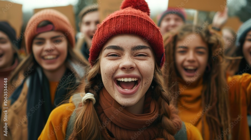 A joyful group of young people is enthusiastically campaigning outdoors, showcasing diversity and unity. They are wearing warm colorful clothing. A joyful group of young people is enthusiastically campaigning outdoors, showcasing diversity and unity. They are wearing warm colorful clothing.