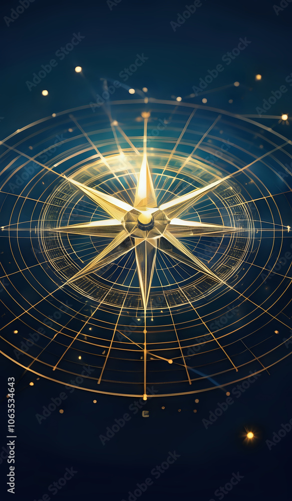 A holographic nautical compass on top of glowing lines representing network communication with sparkles of light in yellow and blue tones A holographic nautical compass on top of glowing lines representing network communication with sparkles of light in yellow and blue tones