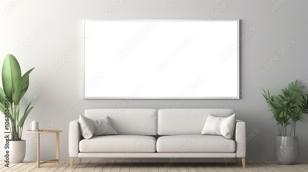 Minimalist Living Room Design with White Sofa and Blank Frame Minimalist Living Room Design with White Sofa and Blank Frame