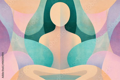 Stylized person meditating in lotus position with colorful abstract background representing peace, mindfulness, and meditation