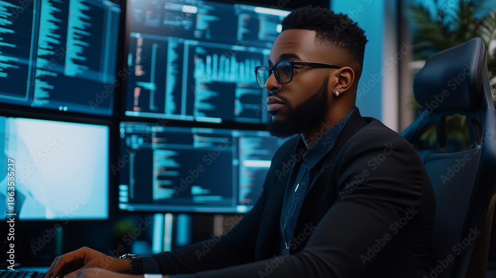 A focused Black cybersecurity expert evaluates a series of digital threats on multiple screens in a sleek, tech-driven office, showcasing the critical role of diversity in protecti A focused Black cybersecurity expert evaluates a series of digital threats on multiple screens in a sleek, tech-driven office, showcasing the critical role of diversity in protecti