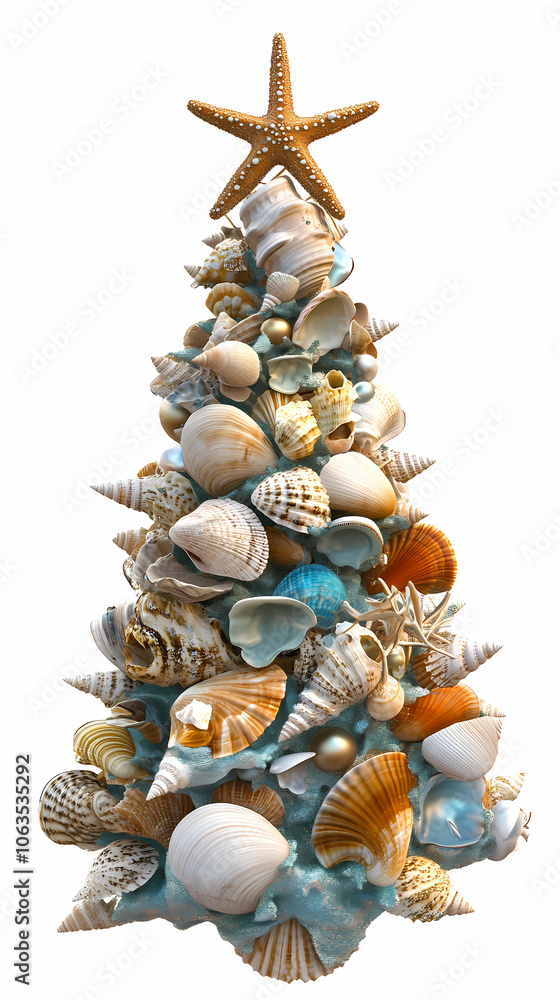 Obraz premium 3D animated christmas ornament featuring seashells and sea creatures with a starfish on top, made from beach elements