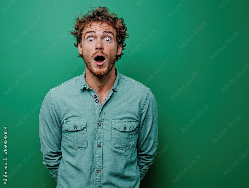 A man with curly hair and a surprised expression stands against a solid green background, wearing a matching green shirt. A man with curly hair and a surprised expression stands against a solid green background, wearing a matching green shirt.