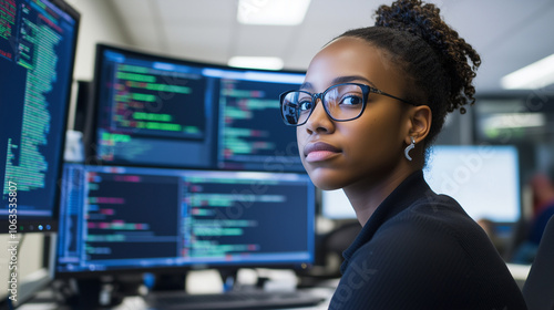 In a bustling tech office filled with futuristic equipment, a Black cyber analyst evaluates system security threats, underscoring the increasing need for diverse perspectives in cy