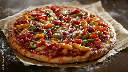 Delicious bell pepper pizza with parmesan on rustic crust