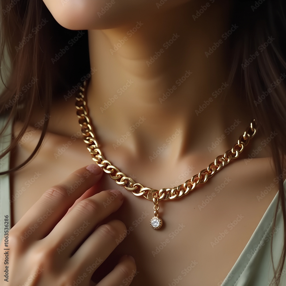 Gold Necklaces with Pendants on Woman’s Neck Gold Necklaces with Pendants on Woman’s Neck