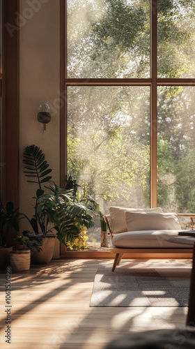 A bright and airy living room features large windows that invite natural light, showcasing lush greenery outside. cozy sofa and plants create serene atmosphere