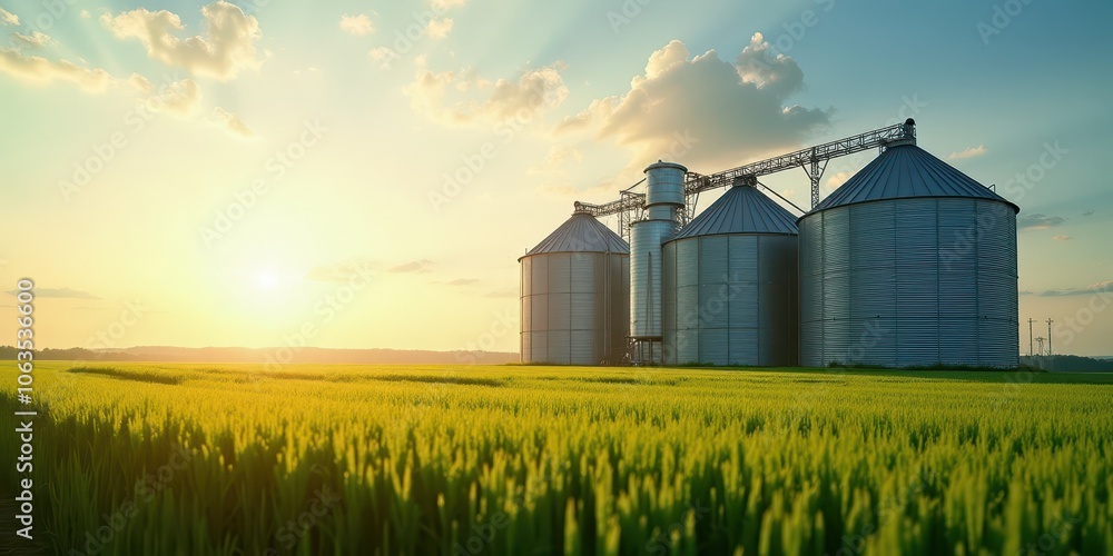 Silos, grain storage on a green field in nature with sunset landscape. Agriculture industry background with copy space. Silos, grain storage on a green field in nature with sunset landscape. Agriculture industry background with copy space.