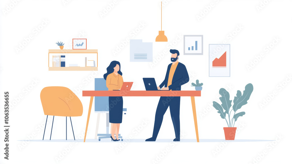 A modern office scene featuring man and woman engaged in discussion at stylish desk. workspace is bright and organized, with plants and charts enhancing professional atmosphere A modern office scene featuring man and woman engaged in discussion at stylish desk. workspace is bright and organized, with plants and charts enhancing professional atmosphere