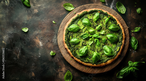 Fresh basil and pesto pizza on rustic wooden board with dark background