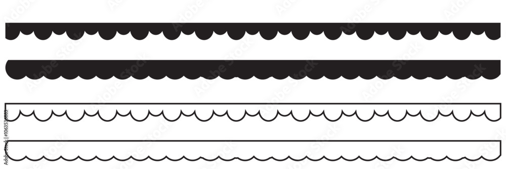 Scallop border, divider vector element. Fabric laces silhouette. Repeat cute vintage frill ornament. Texture ribbons. isolated on white background. Vector illustration . EPS 10 Scallop border, divider vector element. Fabric laces silhouette. Repeat cute vintage frill ornament. Texture ribbons. isolated on white background. Vector illustration . EPS 10