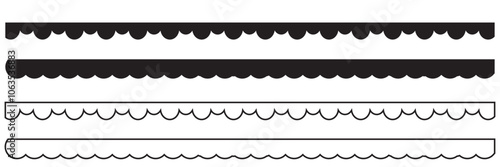 Scallop border, divider vector element. Fabric laces silhouette. Repeat cute vintage frill ornament. Texture ribbons. isolated on white background. Vector illustration . EPS 10 