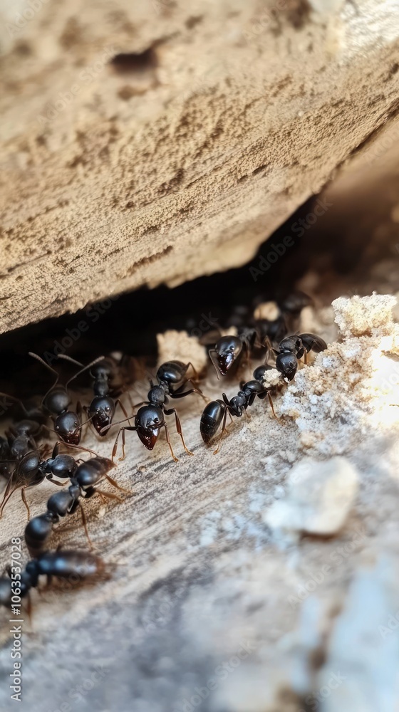 A close-up of ants gathered near a wooden surface, showcasing their activity. A close-up of ants gathered near a wooden surface, showcasing their activity.