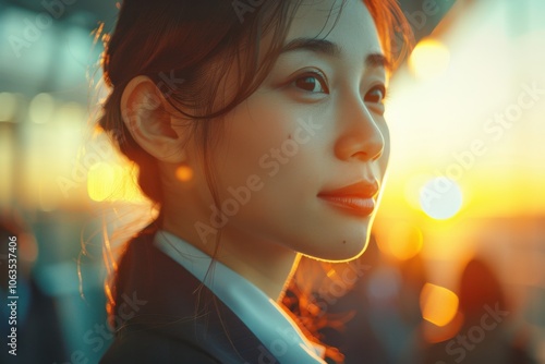 A side view of a flight attendant at an airport during sunset, with a warm glow highlighting her face, creating a serene and hopeful mood. photo