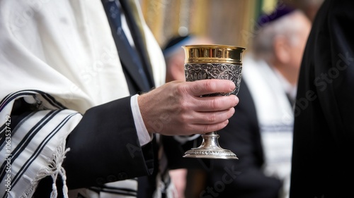 Jewish Man Holding Kiddush Cup Shabbat Celebration Traditional Ritual Ceremony photo