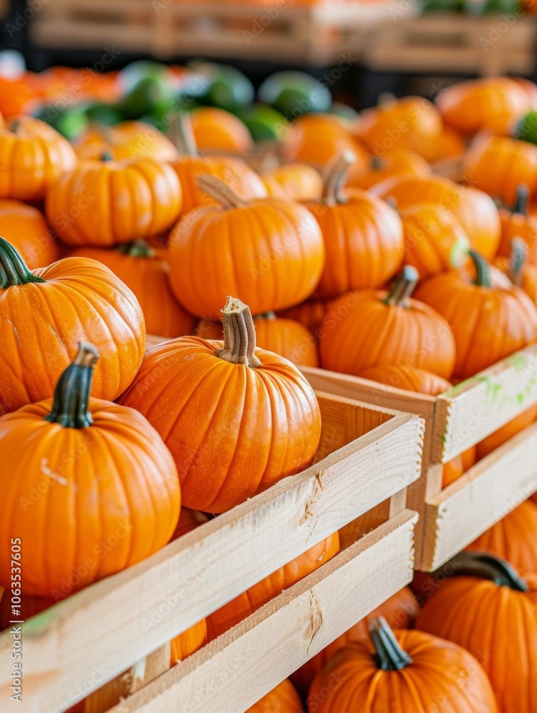 Vibrant pumpkins on display in wooden crates at a market Vibrant pumpkins on display in wooden crates at a market