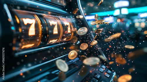 An electrifying moment as a slot machine reveals a 777 jackpot, with coins and chips bursting forth in a dazzling array of lights and movement, celebrating the thrill of casino suc