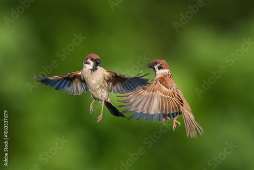 birds sparrows fighting with spread wings and feathers flying up into the sky...