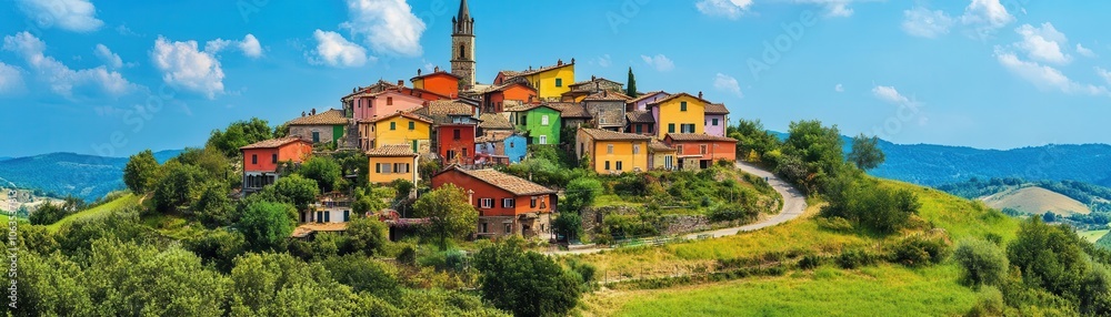 Enchanting hilltop town with multicolored buildings and winding streets, surrounded by rolling hills and dense forest, picturesque medieval settlement Enchanting hilltop town with multicolored buildings and winding streets, surrounded by rolling hills and dense forest, picturesque medieval settlement
