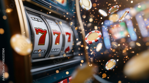 A close-up of a slot machineâs reels showing 777, with gold coins and chips flying in all directions, symbolizing the exhilaration of a major online casino win. photo